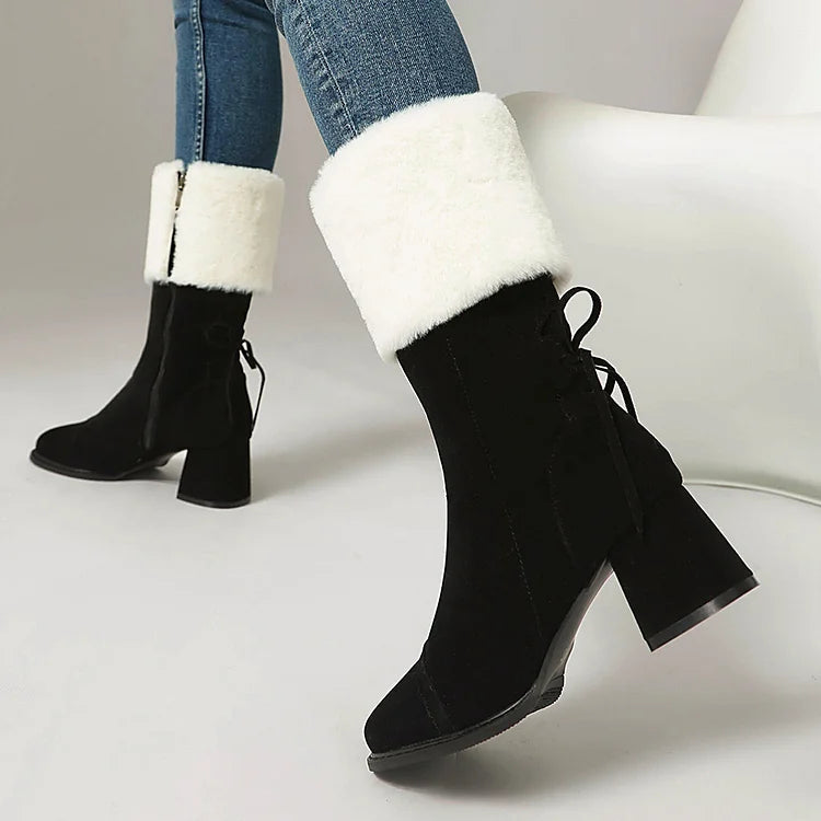 Christmas Colorblock Fluffy Trim Lace Up Square Toe Chunky Heel Mid Boots