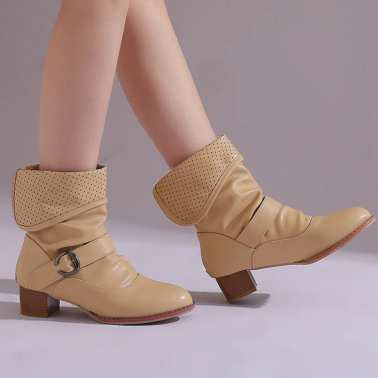 Colorblock Fold Patchwork Strap Buckle Chunky Heel Ankle Boots