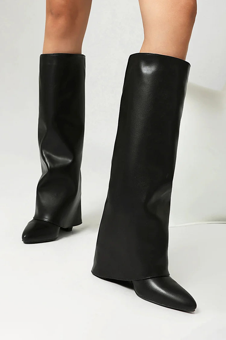 Fold Over Solid Color Pointed Toe Chunky Heel Knee High Boots