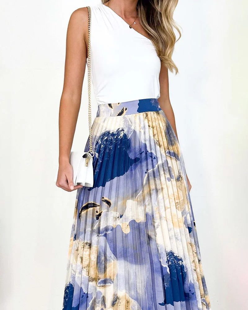 High-end oil painting printed pleated A-line pleated skirt