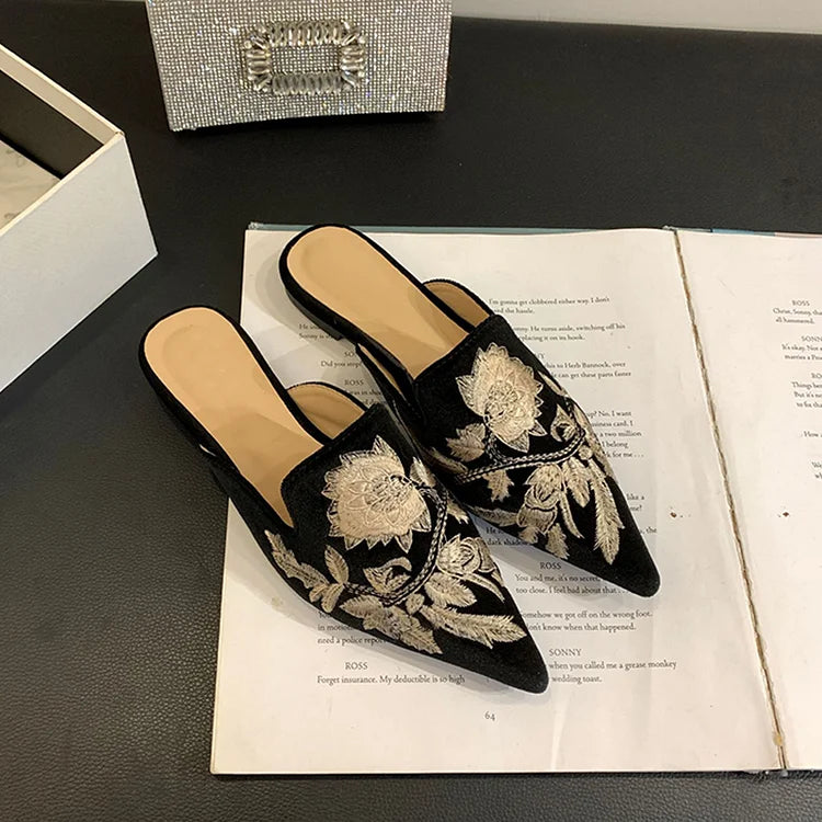 Floral Embroidery Pointed Toe Elegant Velvet Mules