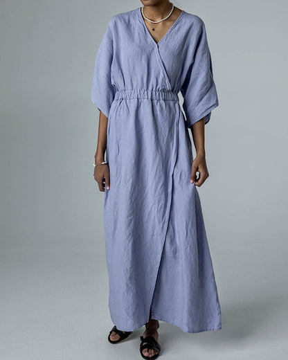 Fantasy purple V-neck slit cotton and linen dress
