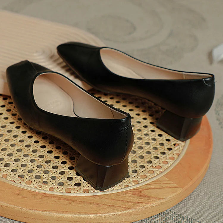 Elegant Square Toe Solid Color Slip On Chunky Heels