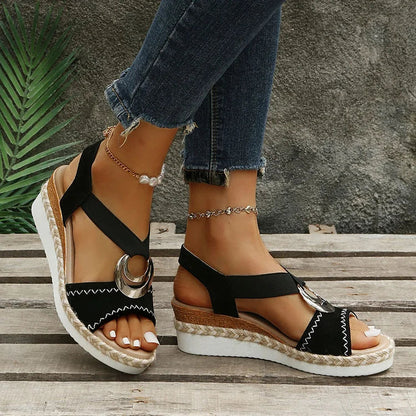 Seam O-Ring Buckle Decor Ankle Strap Platform Wedge Espadrille Sandals