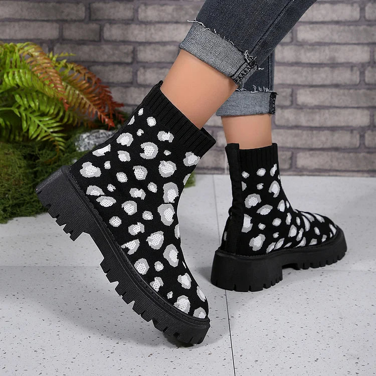 Colorblock Knitted Leopard Pattern Round Toe Chunky Heel Ankle Boots