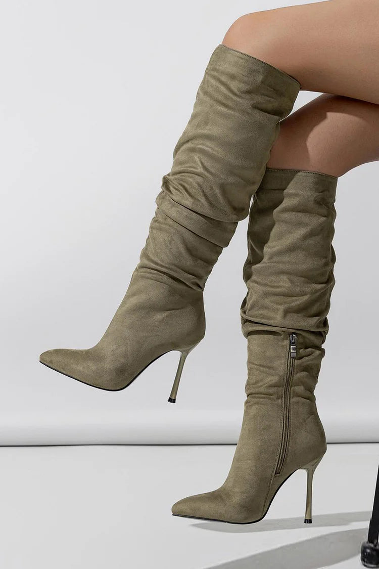 Ruched Pointed Toe Stiletto Heel Zipper Solid Color Knee High Boots