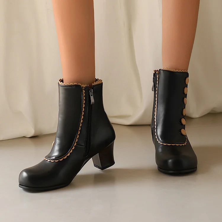 Buttons Colorblock Trim Round Toe Chunky Heel Ankle Boots