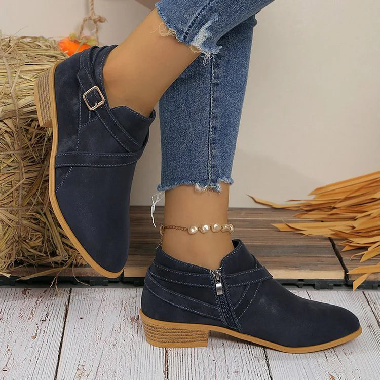 Crossover Strap Buckle Decor Round Toe Zipper Ankle Boots