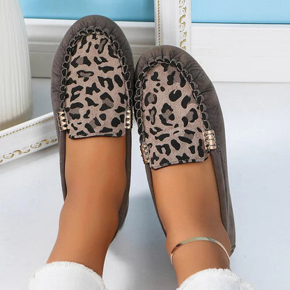 Leopard Print Patchwork Metal Decor Stitch Round Toe Loafers