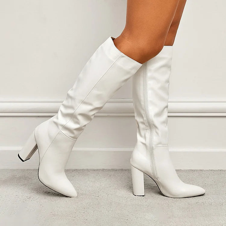 Patchwork Chunky Heel Solid Color Zipper Pointed Toe Knee High Boots