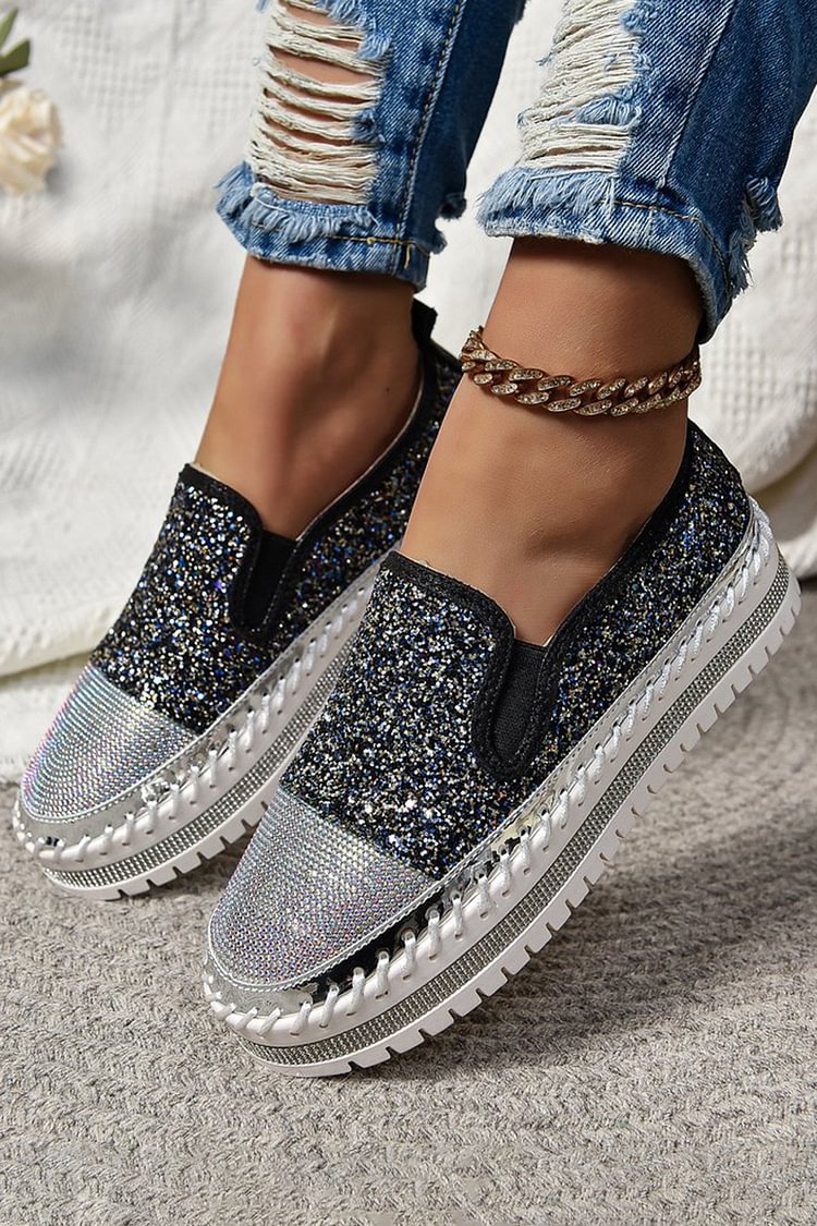 Rhinestone Decor Glittering Stitch Detail Round Toe Loafers