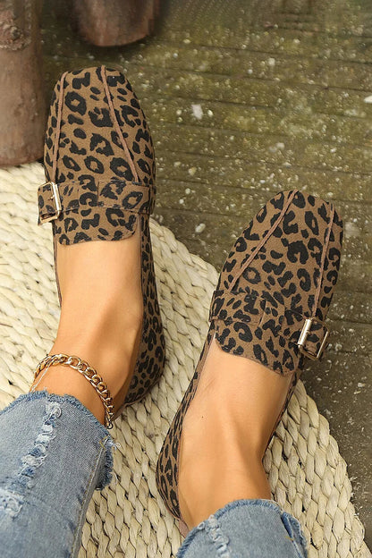 Leopard Print Strap Buckle Decor Square Toe Casual Loafers