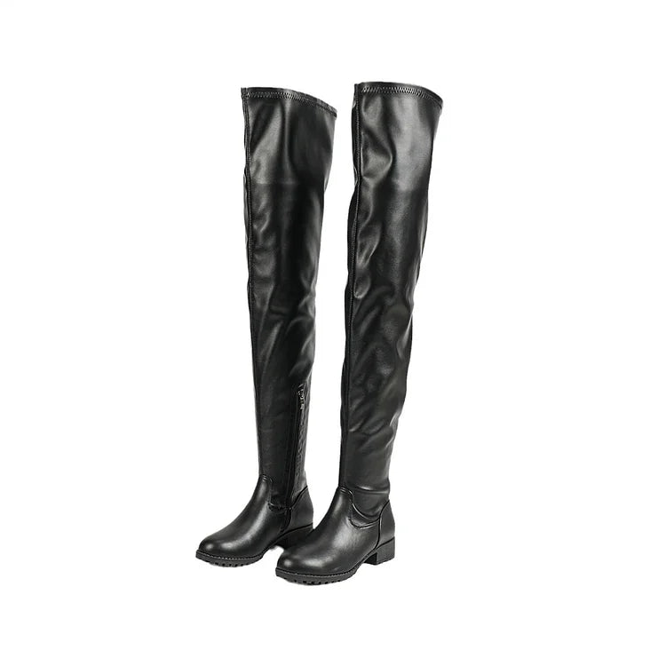 Round Toe Patchwork Zipper Solid Color Over The Knee Boots