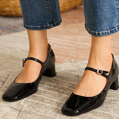 Elegant Instep Strap Buckle Solid Color Square Toe Chunky Heels