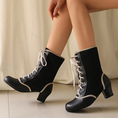 Contrast Trim Patchwork Lace Up Round Toe Chunky Heel Mid Boots