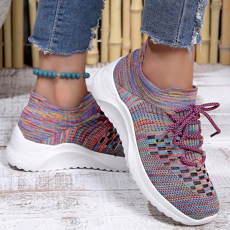 Colourful Pattern Lace Up Slip On Platform Casual Sneakers