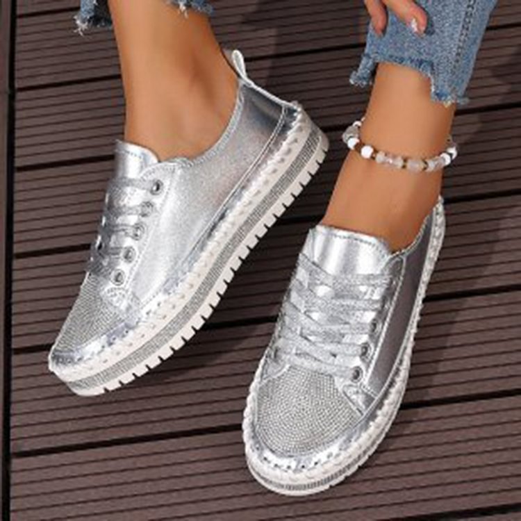 Rhinestone Decor Stitch Detail Round Toe Lace Up Sneakers