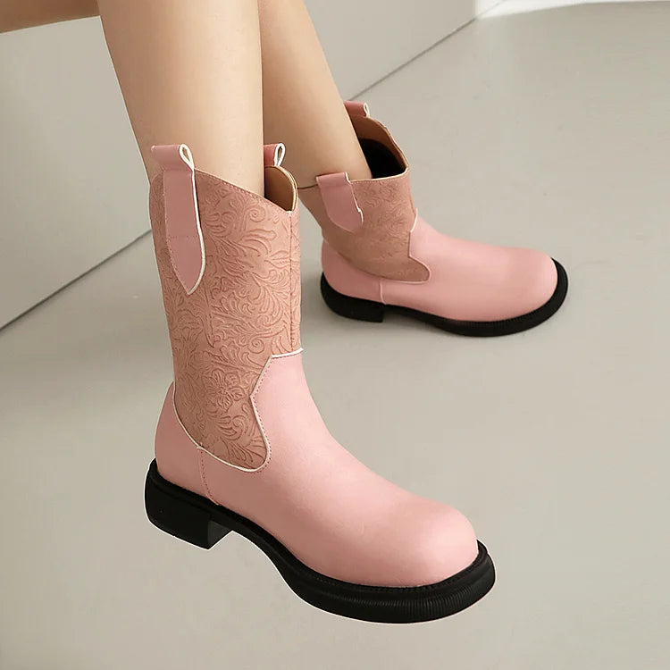 Patchwork Floral Textured Round Toe Low Block Heel Ankle Boots