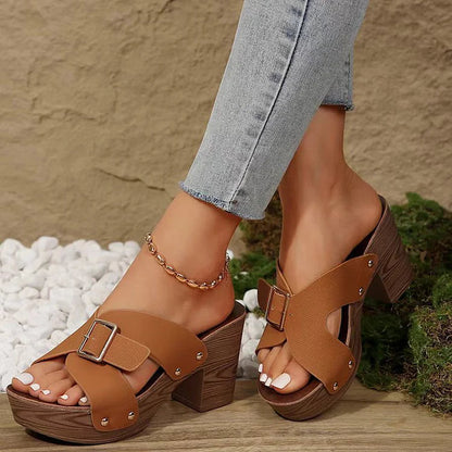 Studded Buckle Cross Belt Wood Grain Platform Wedge Chunky Heels