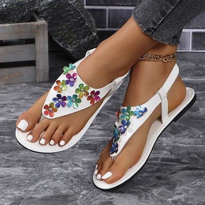 Colourful Flower Studded Decor Elastic Ankle Band Flip Flops Sandals