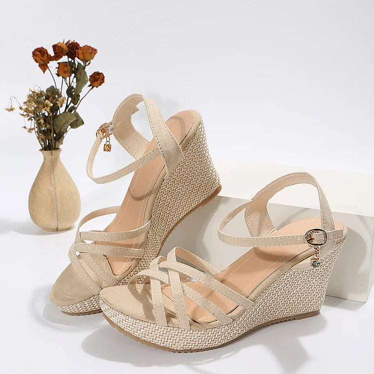 Cross Strappy Tassels Buckle Peep Toe Espadrille Platform Wedge Sandals