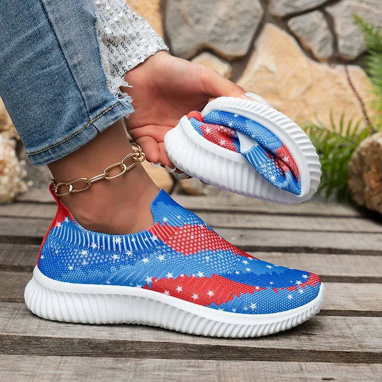 Striped Star Pattern Print Slip On Casual Lightweight Sneakers