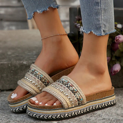 Retro Ethnic Pattern Studded Beads Espadrille Woven Platform Slippers