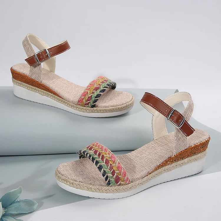 Ethnic Colored Braided Rope Ankle Strap Buckle Wedge Sandals