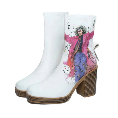 Music Note Figure Print Round Toe Chunky Heel Mid Boots