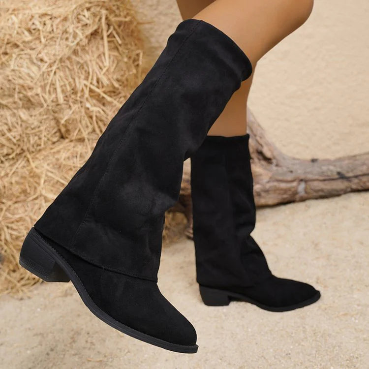 Solid Color Fold Over Chunky Heel Pointed Toe Mid Calf Boots