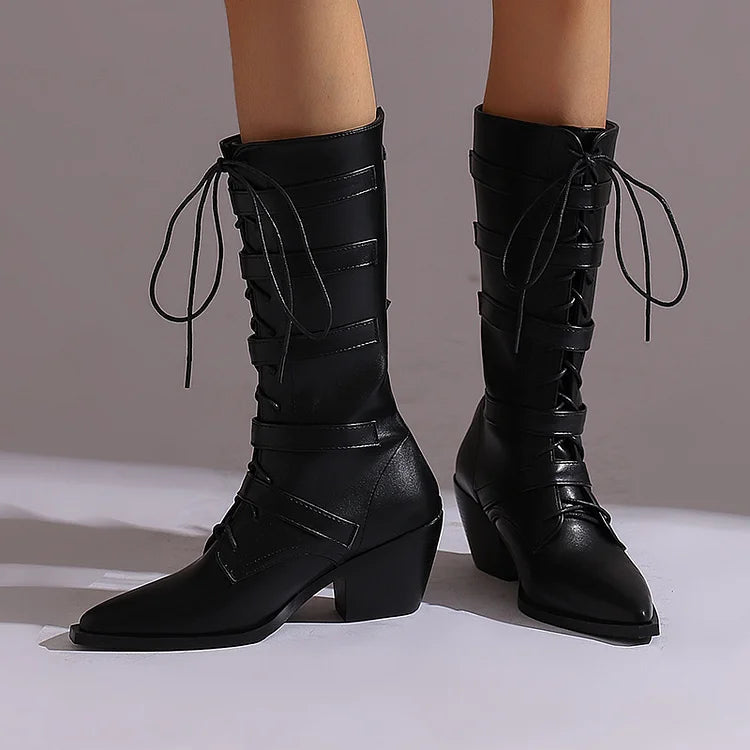 Pointed Toe Multicolor Straps Buckles Lace Up Mid Calf Boots