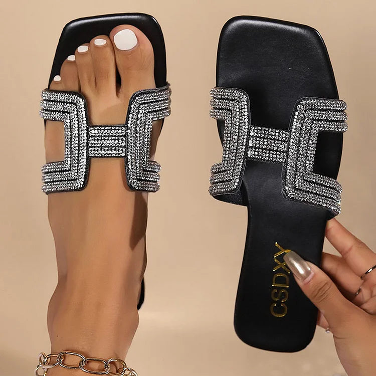 Rhinestone Embellished Square Toe Solid Color Slippers