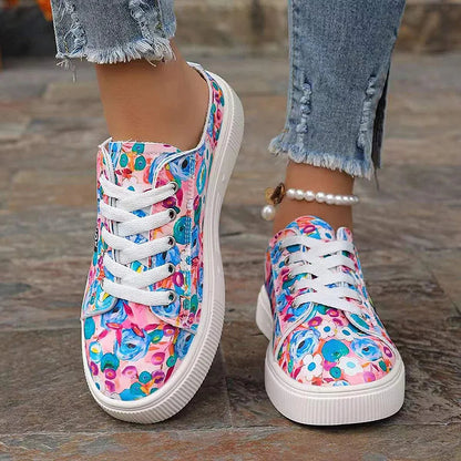 Canvas Multicolor Print Round Toe Slip On Lace Up Sneakers