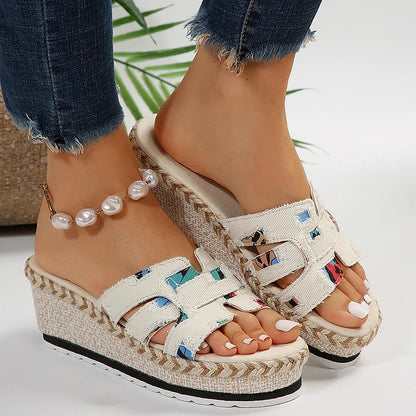 Patchwork Print Hollowed Peep Toe Denim Frayed Wedge Slippers