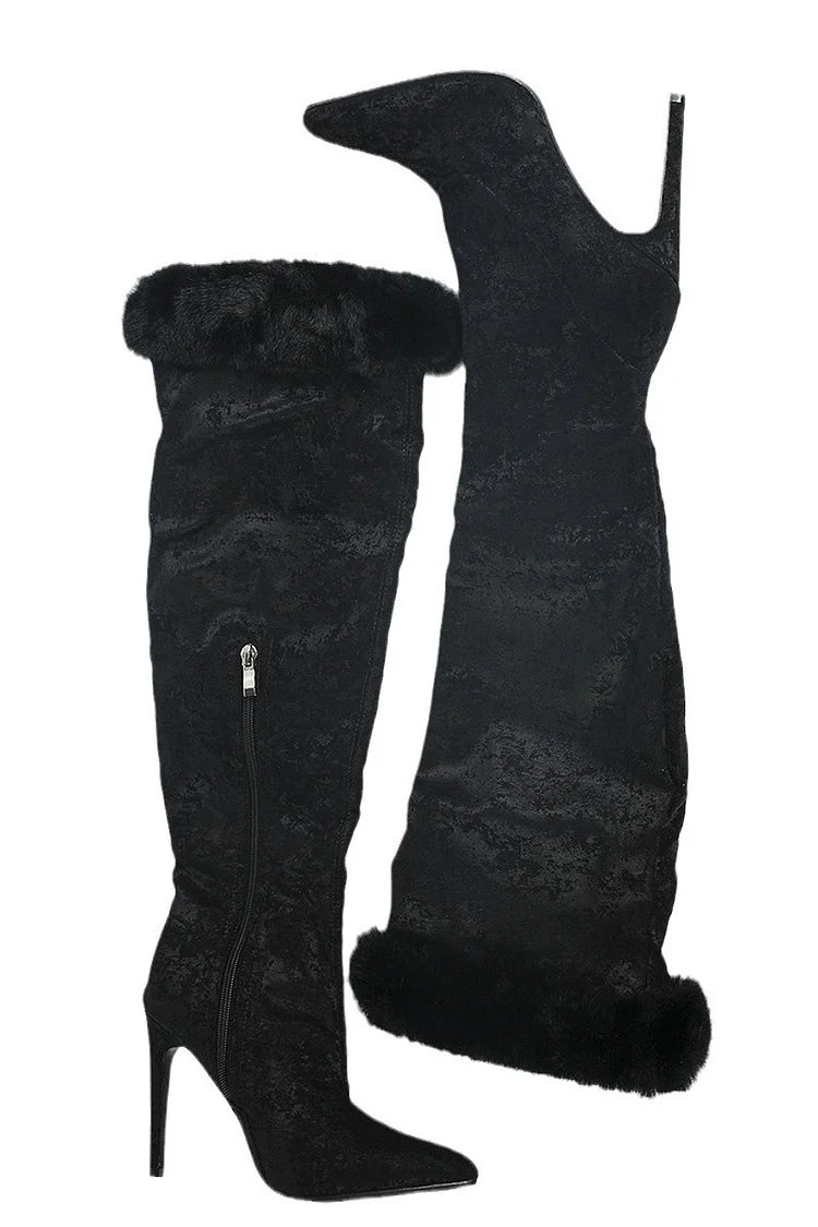 Fluffy Trim Zipper Pointed Toe Stiletto Heel Knee High Boots