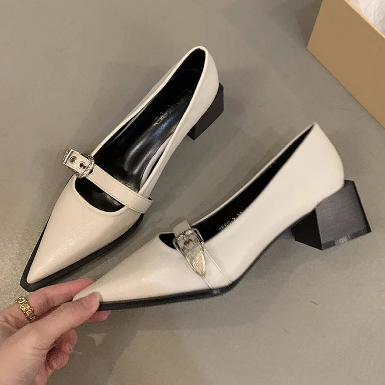 Pointed Toe Metal Buckle Instep Strap Plain Chunky Heels