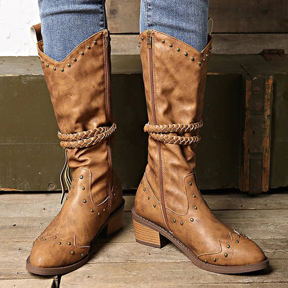 Metallic Studded Braided Strap Decor Pointed Toe Chunky Heel Mid Calf Boots