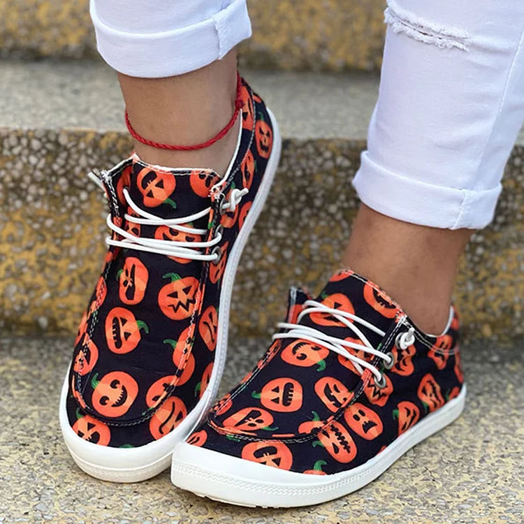 Halloween Horror Skeleton Pumpkin Pattern Print Lace Up Casual Shoes