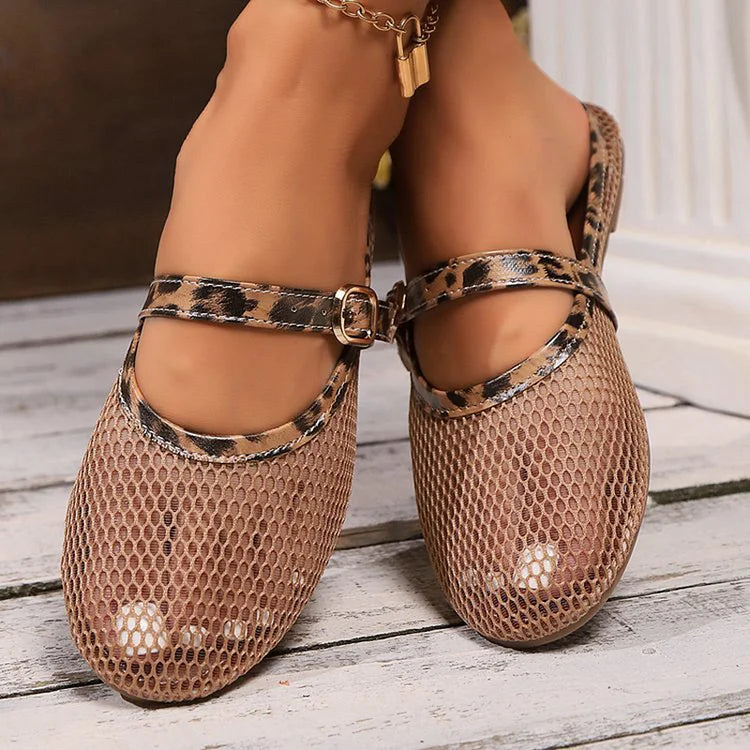 Hollow Out Mesh Instep Strap Plain Casual Round Toe Flats