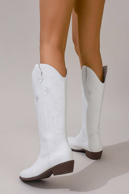 Embroidery Round Toe Patchwork Chunky Heel Knee High Boots