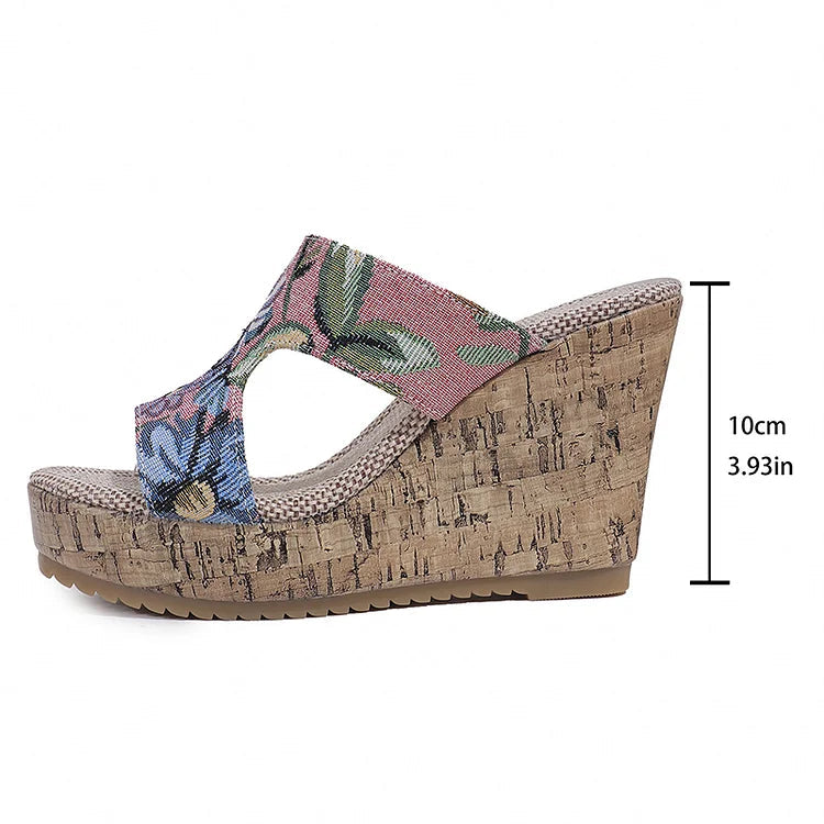 Floral Print Peep Toe Cut Out Wood Grain Wedge Slippers