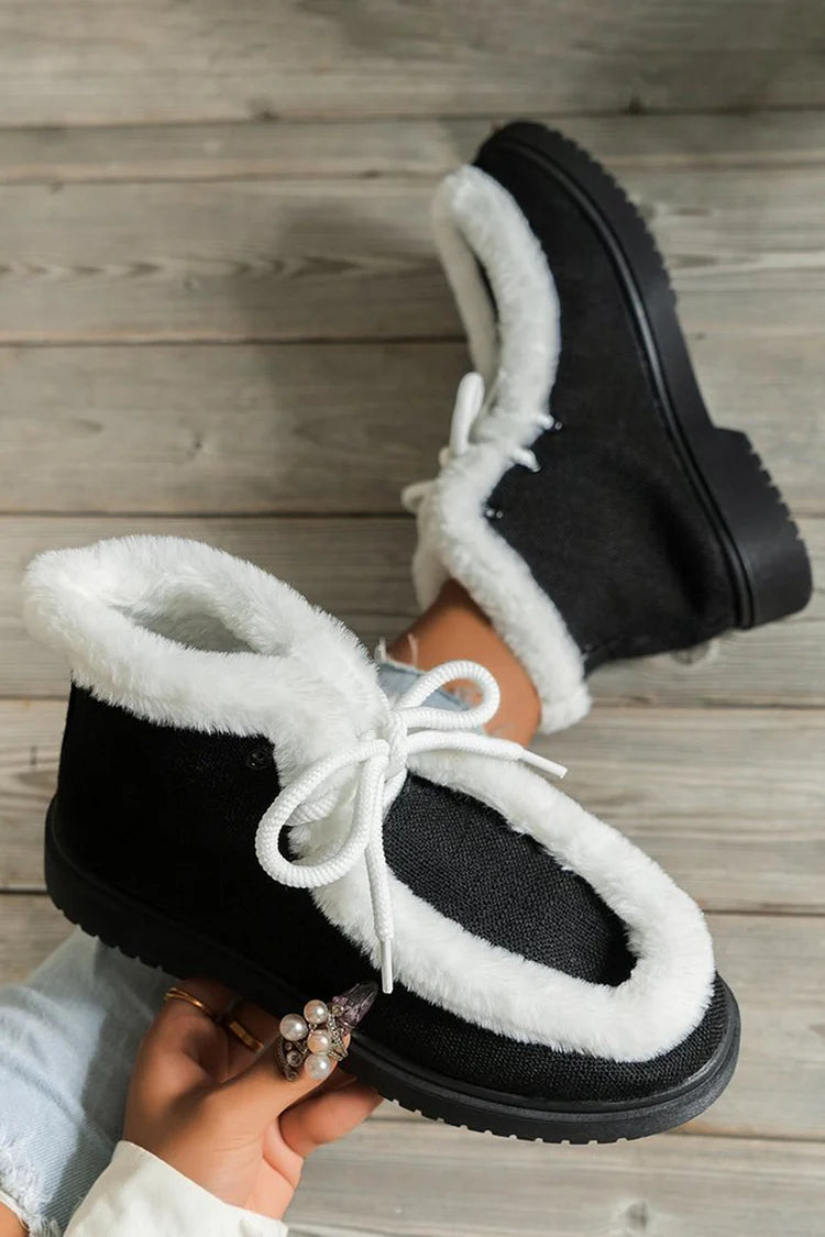 Patchwork Fluffy Trim Round Toe Lace Up Snow Boots