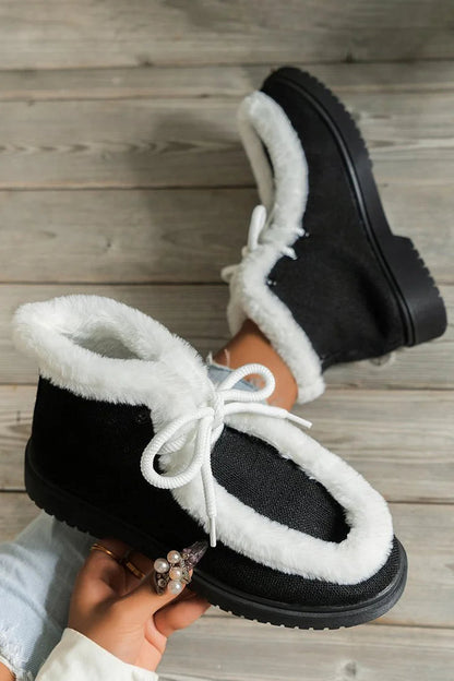 Patchwork Fluffy Trim Round Toe Lace Up Snow Boots