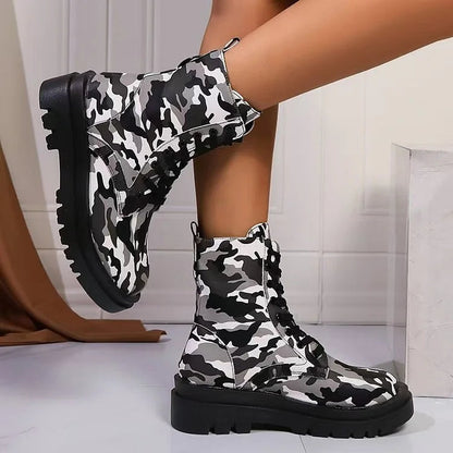 Camouflage Print Round Toe Chunky Heel Lace Up Mid Boots