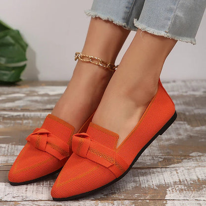 Color Matching Bow Knotted Pointy Toe Knit Flats