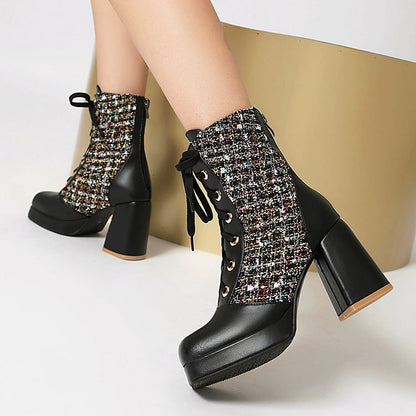 Patchwork Square Toe Chunky Heel Lace Up Mid Calf Boots