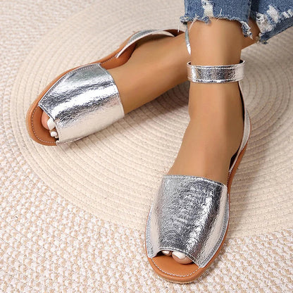 Metallic Sheen Ankle Strap Peep Toe Buckle Casual Sandals