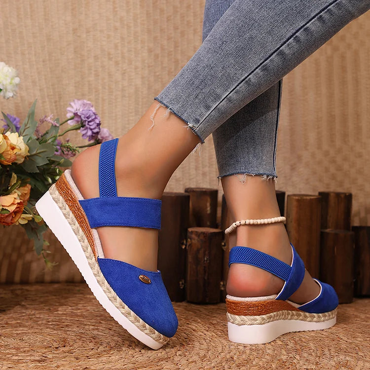 Metal Decor Slingback Strap Closed Toe Plain Espadrille Wedge Sandals