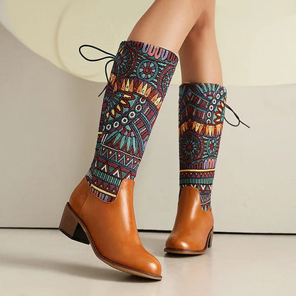 Multicolor Tribal Pattern Patchwork Lace Up Mid Calf Boots