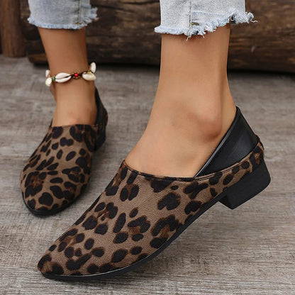 Leopard Pattern Patchwork Pointed Toe Slip On Flats